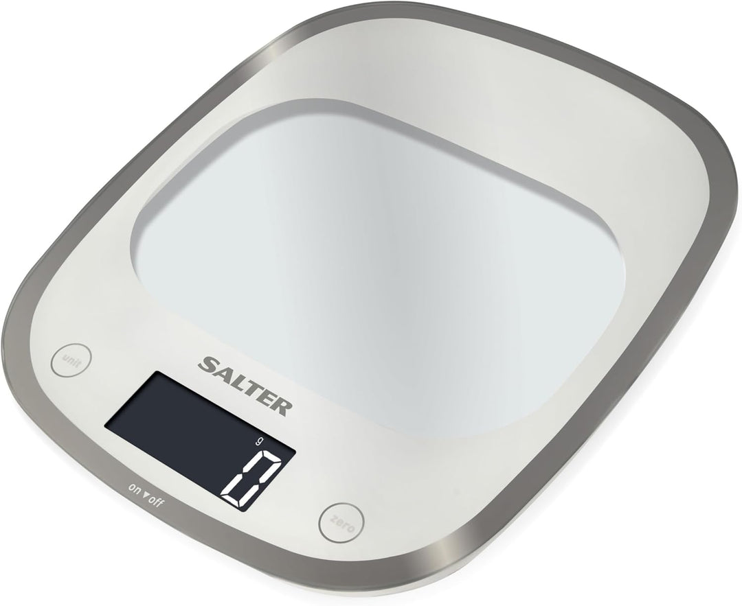 Salter 1050 WHDR Curve Digitale Küchenwaage Weiss, Schlankes Glas elektrische küchenwaagen, grosse O