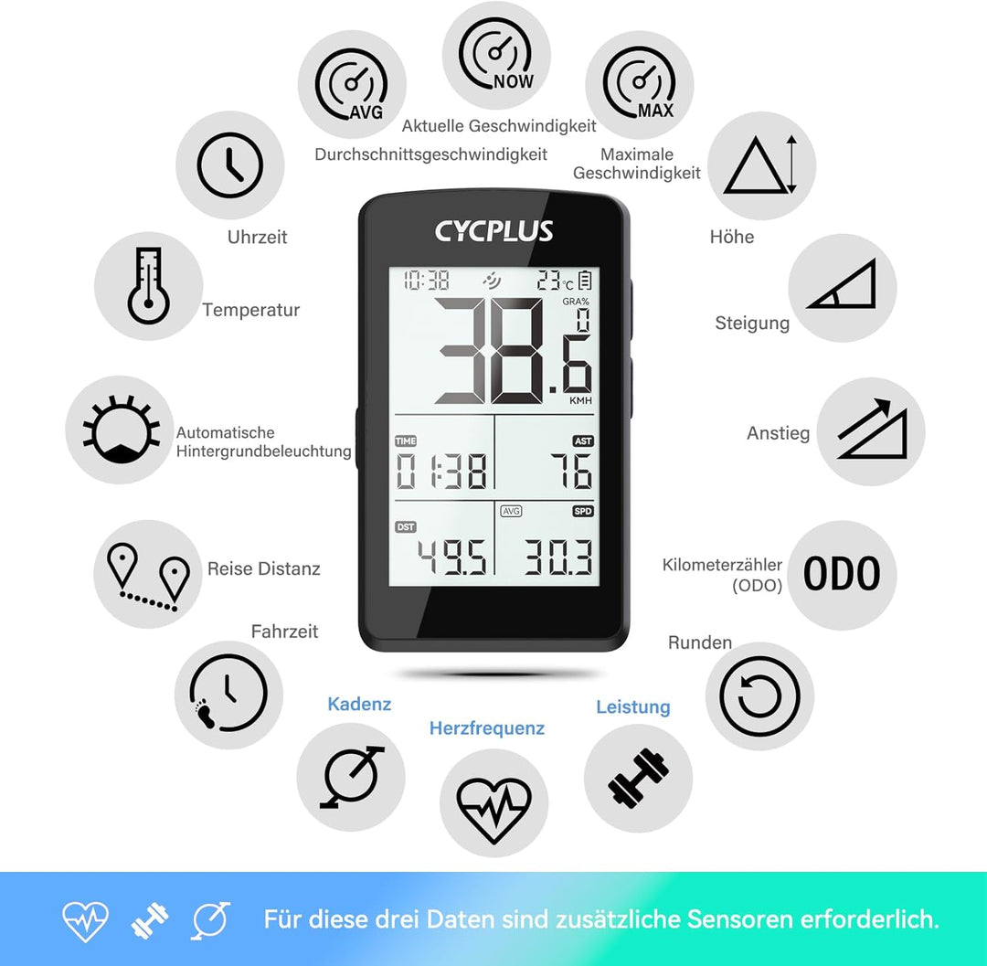CYCPLUS GPS Fahrradcomputer, ANT+ Fahrradcomputer GPS mit Bluetooth5.0, 2,8-Zoll-LCD-Bildschirm, Fah