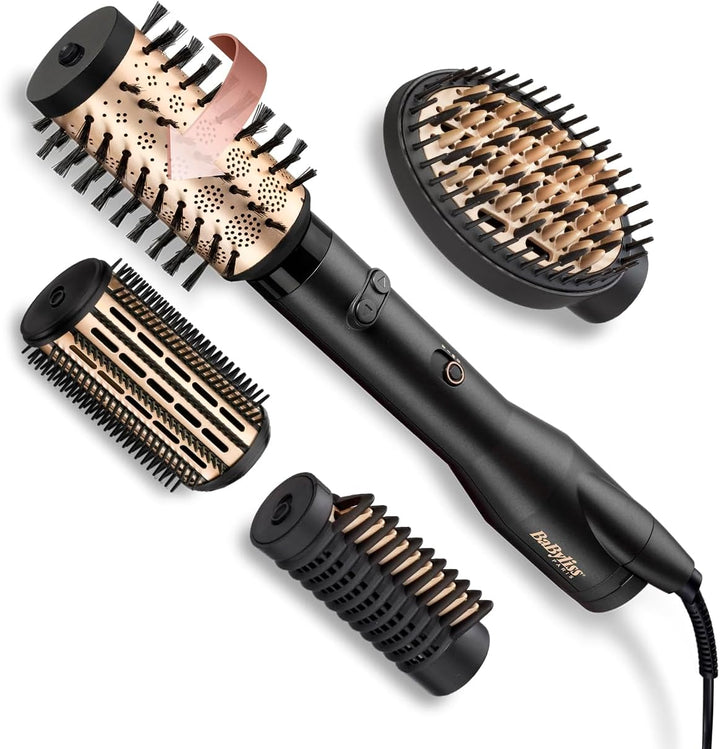 BaByliss Big Hair Luxe Rotierende Warmluftbürste, Föhnbürste mit 4 Aufsätzen zum Glätten, Bürsten un