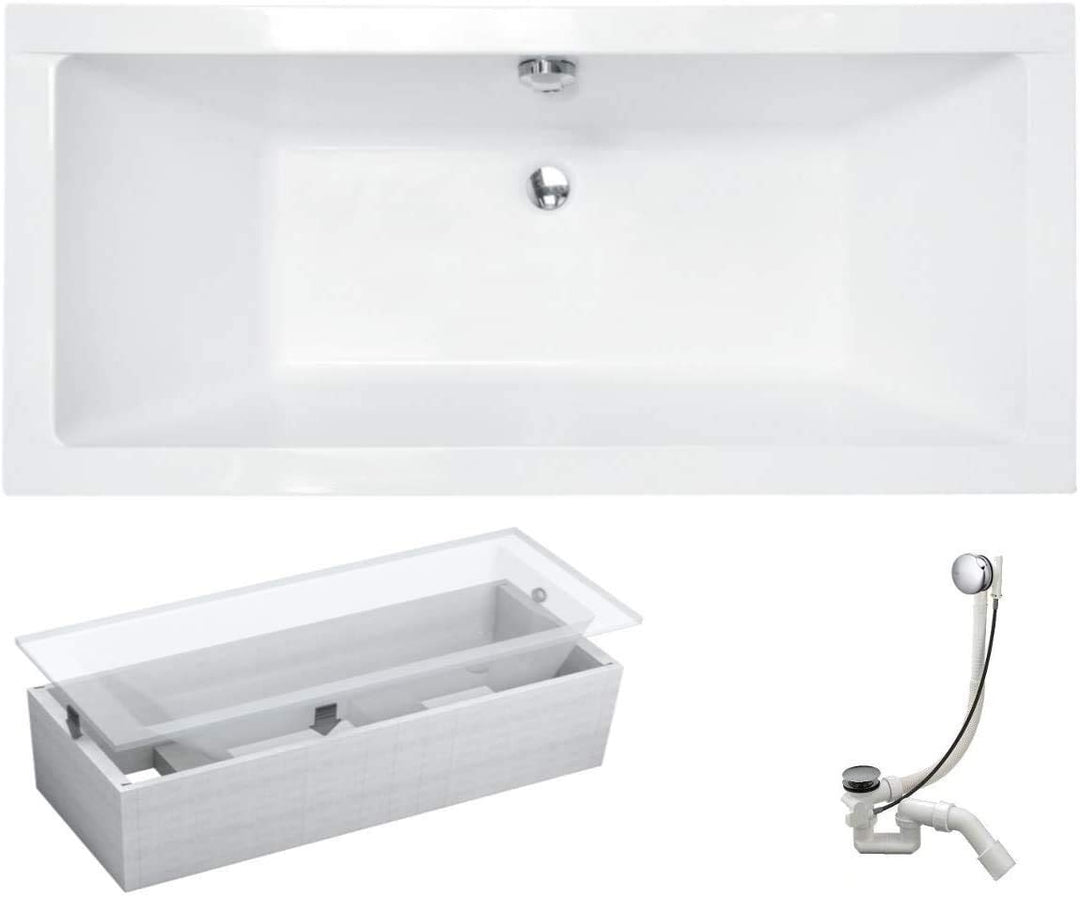 VBChome Badewanne 165x75 cm Acryl SET Wannenträger Siphon Wanne Rechteck Weiss Design Modern Styropo