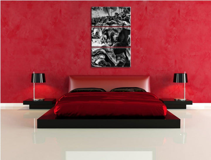 Pixxprint Monocrome, schwarzer Panther 3-Teiler Leinwandbild 120x80 Bild auf Leinwand