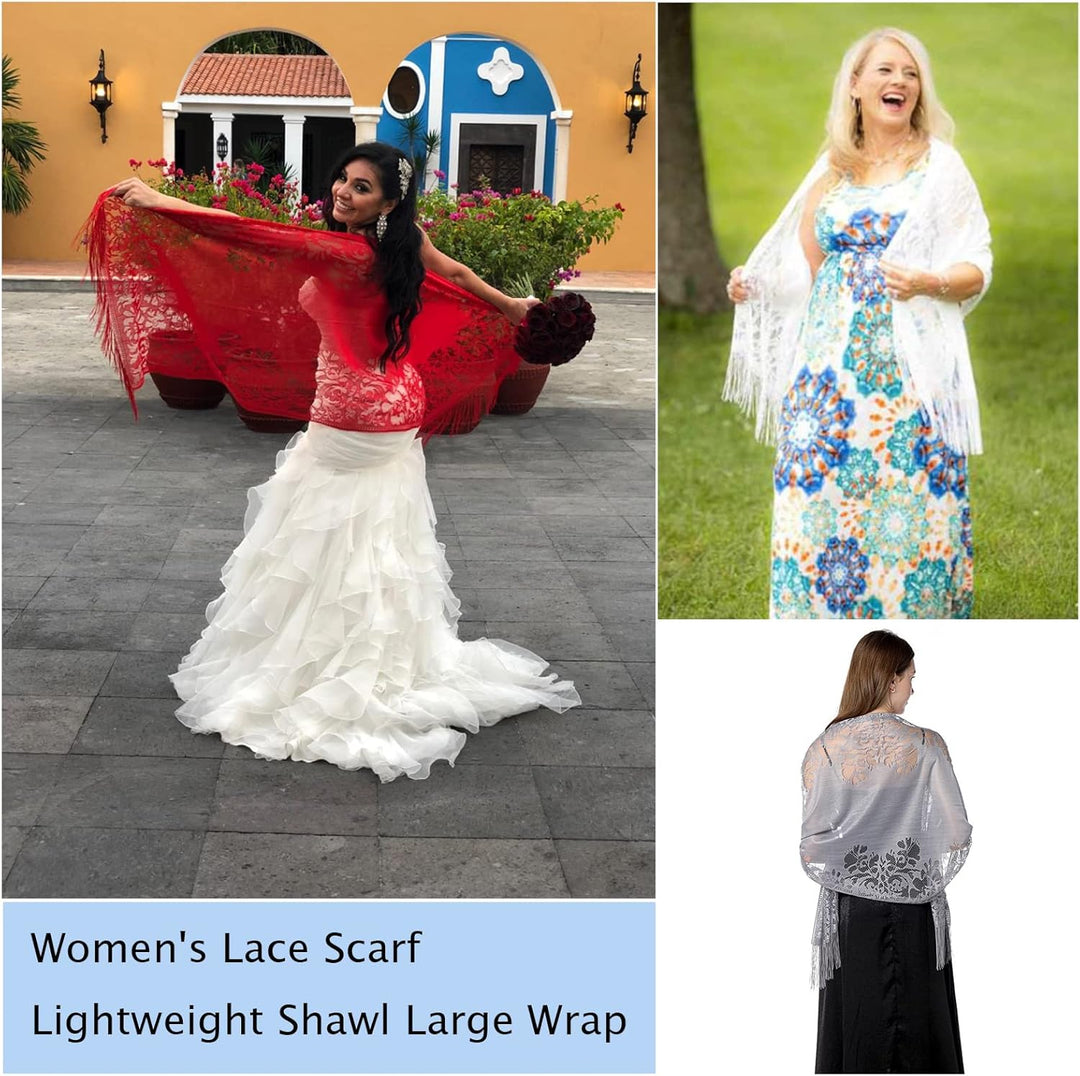 NiceYnn Women's Floral Lace Scarf Shawl with Tassels 179cm, Soft Mesh Fringe Wraps for Wedding Cape