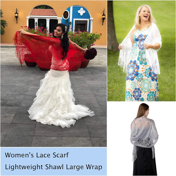 NiceYnn Women's Floral Lace Scarf Shawl with Tassels 179cm, Soft Mesh Fringe Wraps for Wedding Cape