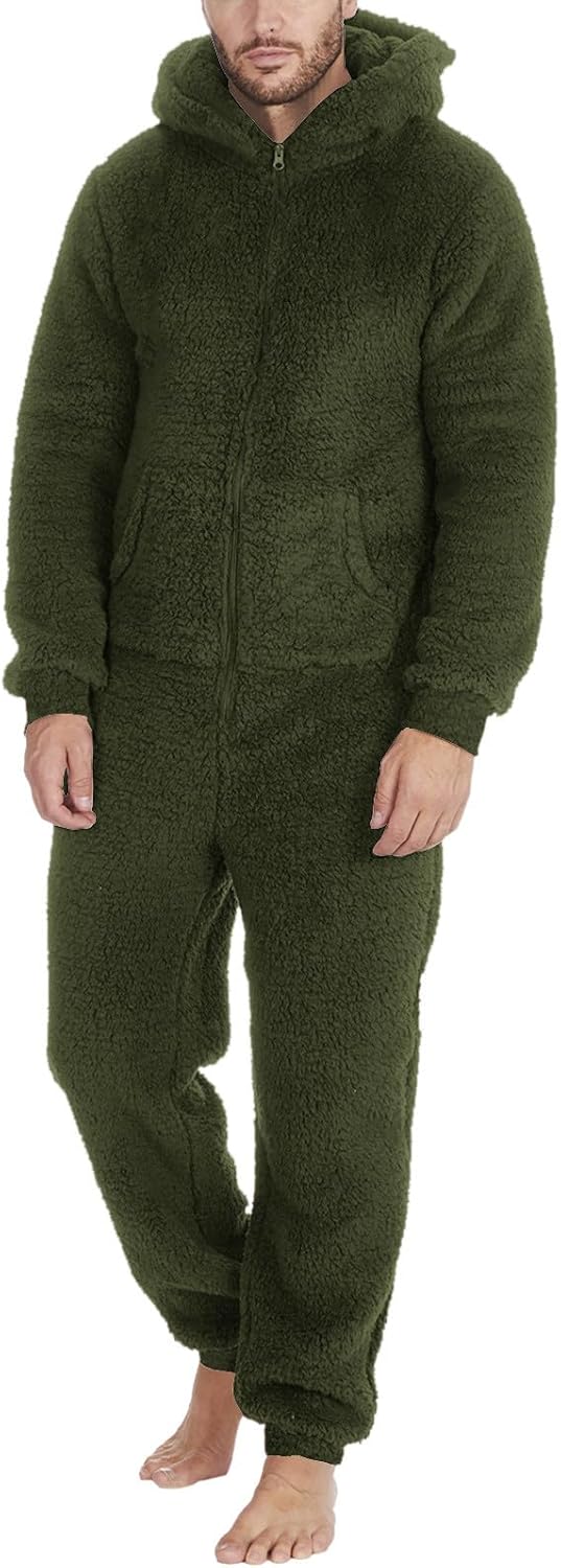 Jumpsuit Herren Teddy Fleece Schlafanzug Einteiler Onesie Winter Fluffy Pyjama Kuschelig Overall mit