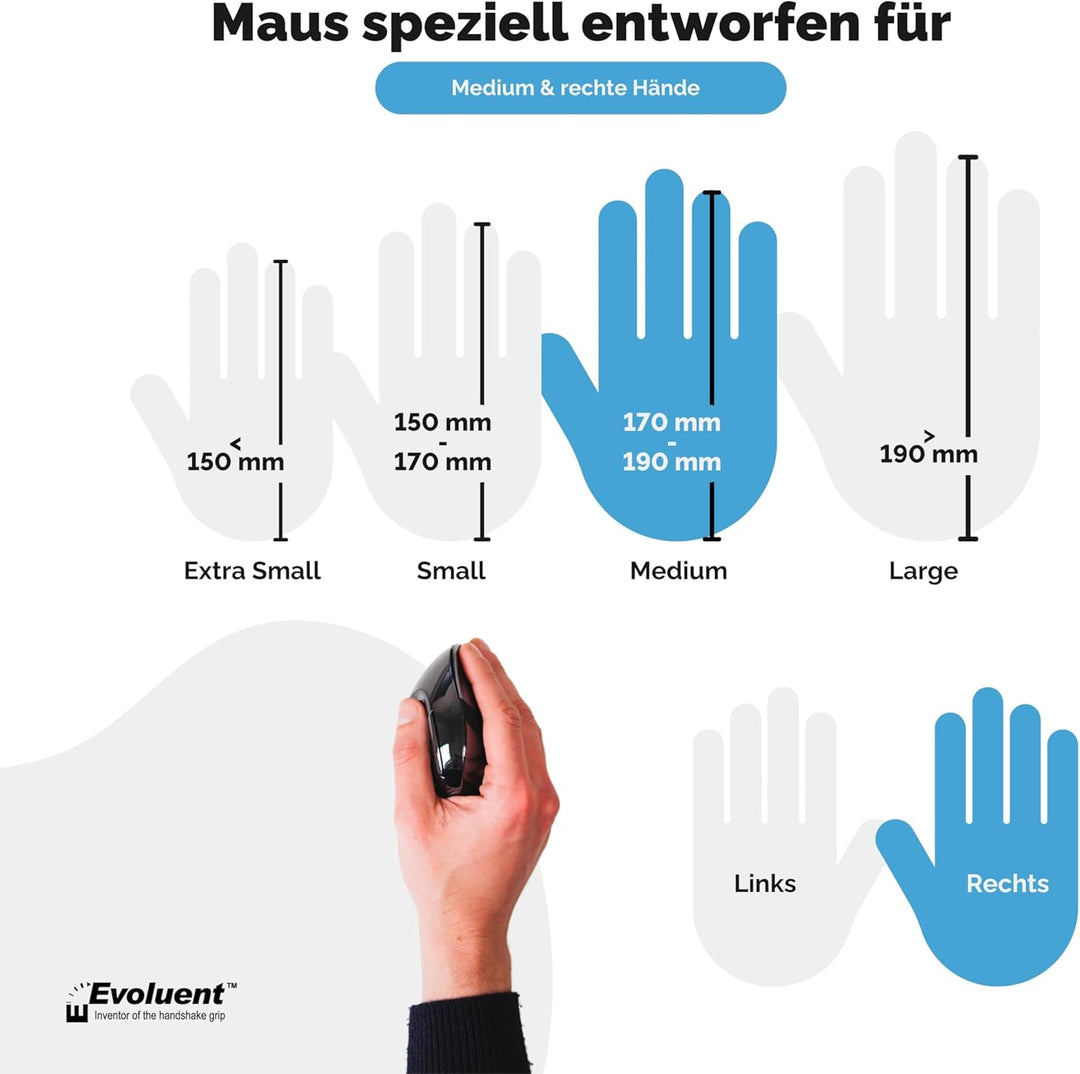 Evoluent VerticalMouse D Kabellose USB Maus für Rechtshänder, Grösse M, VMDMW, Schwarz, Silber, Grau
