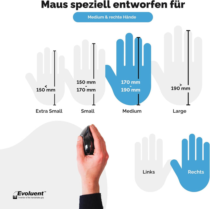 Evoluent VerticalMouse D Kabellose USB Maus für Rechtshänder, Grösse M, VMDMW, Schwarz, Silber, Grau
