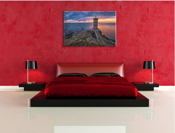 Pixxprint Leuchtturm im Sonnenuntergang Kunst Buntstift Effekt, Format: 100x70 auf Leinwand, 100x70
