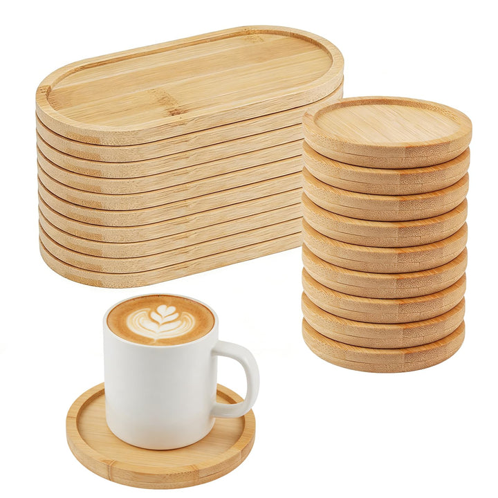20 Stück Deko Holz Untersetzer Set, 10cm Holz Untersetzer Rund und Bambus Untersetzer Oval 17,5x8,8