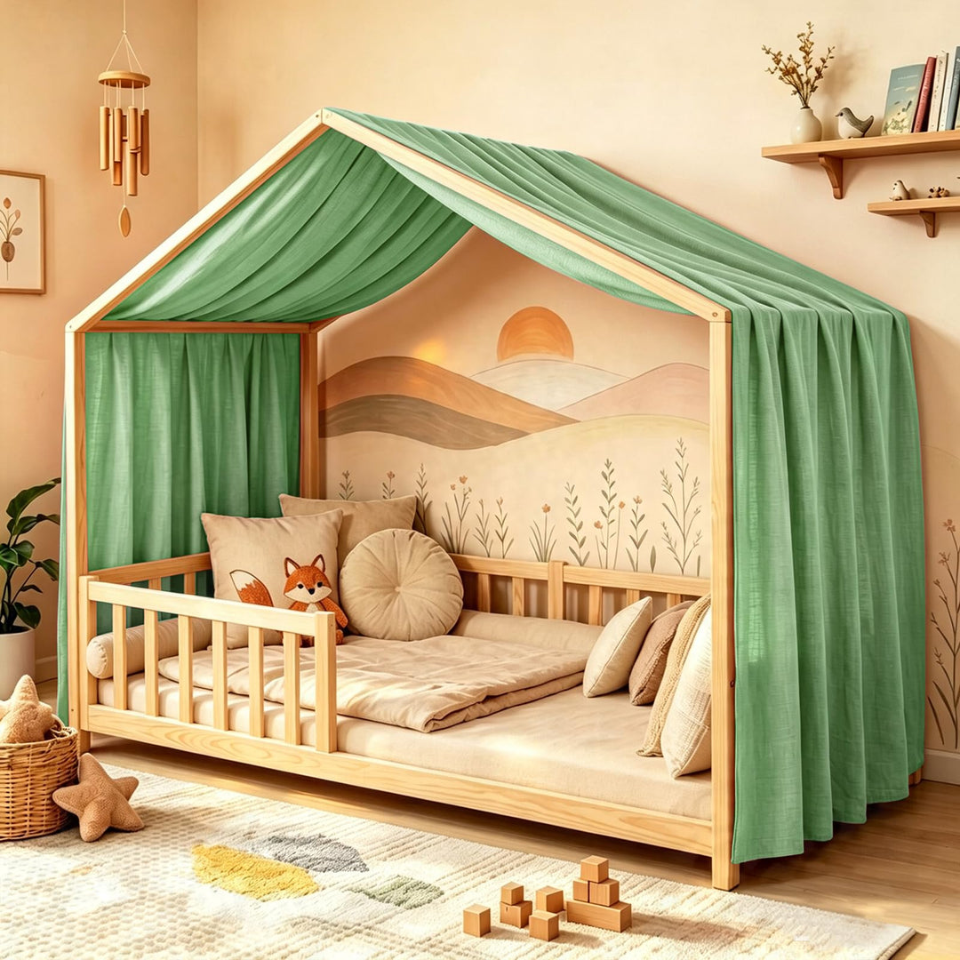 Hausbett Himmel für Kinder, 100% Baumwolle mit Bindegurt und Geschenkbox | Betthimmel Rosa oder Grün