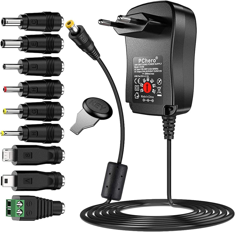 PChero 30W Universal AC/DC Adapter Schaltnetzteil mit 9pcs Adapter Tipps, enthält Mini & Micro USB S