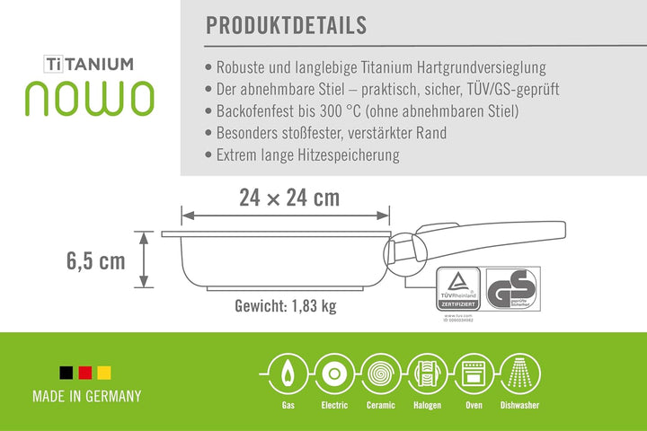 Titanium Nowo Gusspfanne, viereckig, 24 x 24 cm, 6,5 cm hoch, mit abnehmbarem Stiel 24x24 cm, 6.5 cm