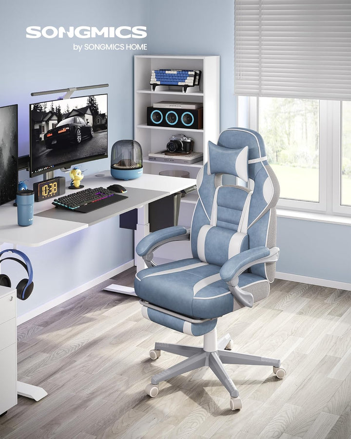 SONGMICS Bürostuhl, Gaming-Stuhl, verstellbar, Teleskop-Fussstütze, Wippmechanismus, Kopfstütze, Len