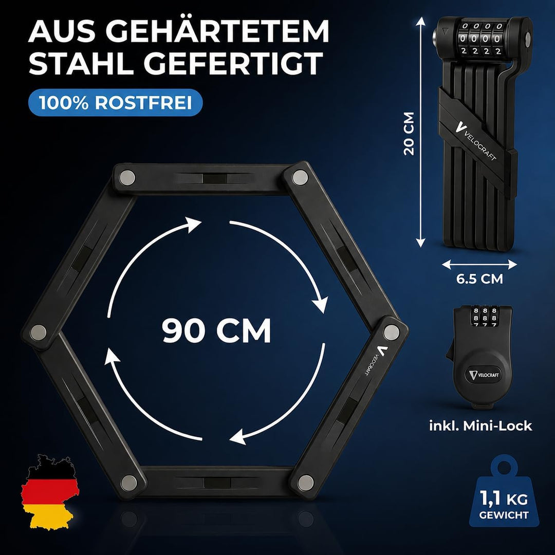 Faltschloss Fahrrad 90cm High-Tech Zahlenschloss mit Halterung & Mini Lock - Faltguard Pro - Diebsta