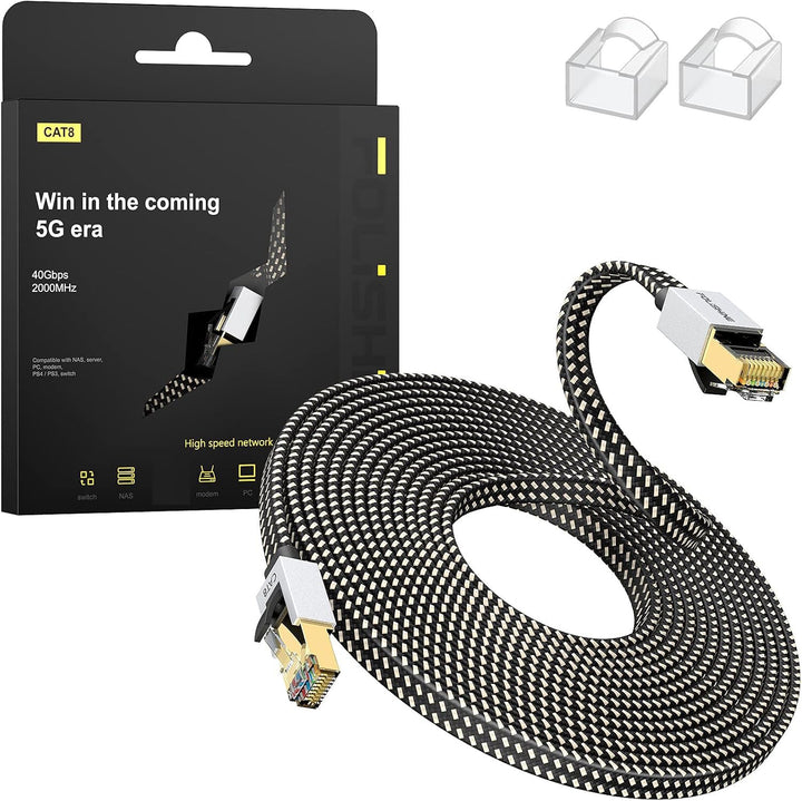 Cat8 Ethernet Kabel 8M, Hohe Geschwindigkeit Nylon Braided Lan Patch Cord, 40Gbps 2000Mhz RJ45 Shiel