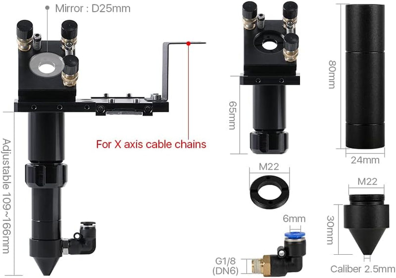 Cloudray Laser Head CO2-Laserkopf-Set mit 1 STÜCK USA CVD-Fokuslinse D20 mm FL63,5 mm und 3 STÜCK Si