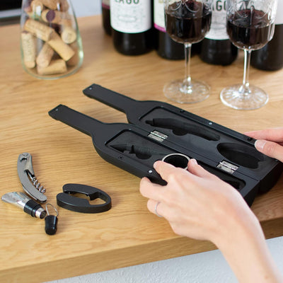 Grinscard Weinöffner Set 5 TLG. - Weinflaschen Design, Schwarz - Wein Zubehör mit Folienschneider |