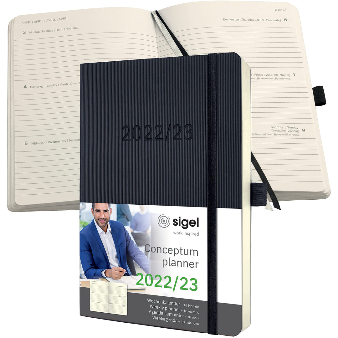 SIGEL C2306 Terminplaner Wochenkalender 2022/2023 - ca. A5 - schwarz - Softcover - 256 Seiten - Gumm