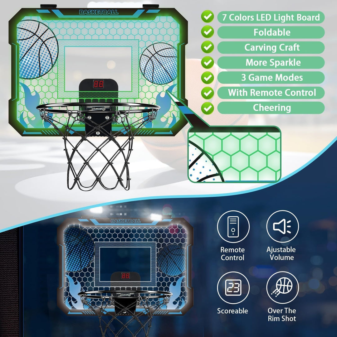 Indoor-Basketballkorb für Kinder mit 7 farbigen LED-Lichtern, Fernbedienung, Halterung über der Tür,
