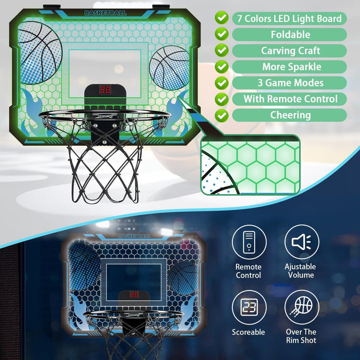 Indoor-Basketballkorb für Kinder mit 7 farbigen LED-Lichtern, Fernbedienung, Halterung über der Tür,