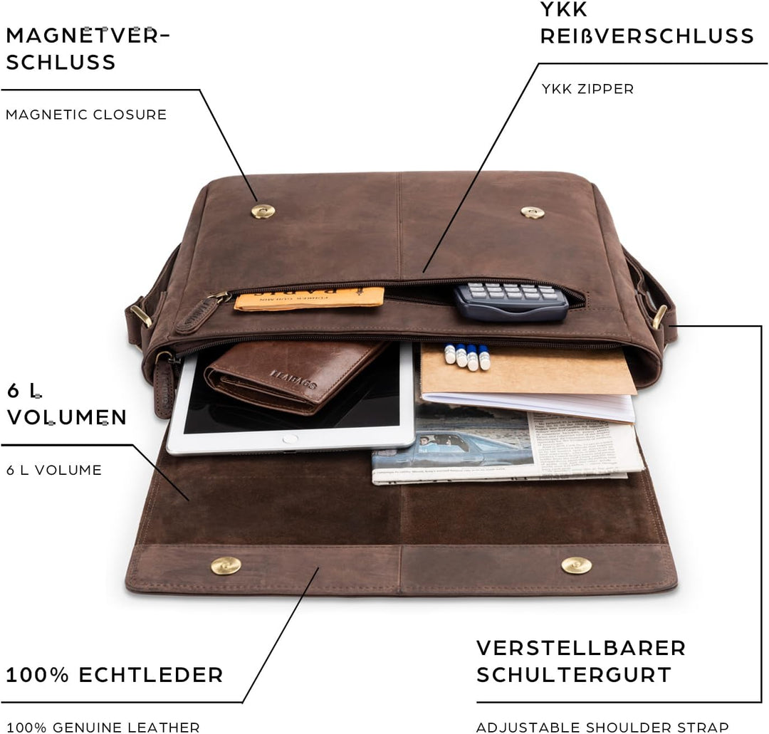 LEABAGS Leder Umhängetasche Herren & Damen I Echtleder Laptoptasche bis 14 Zoll I Messenger Bag mit