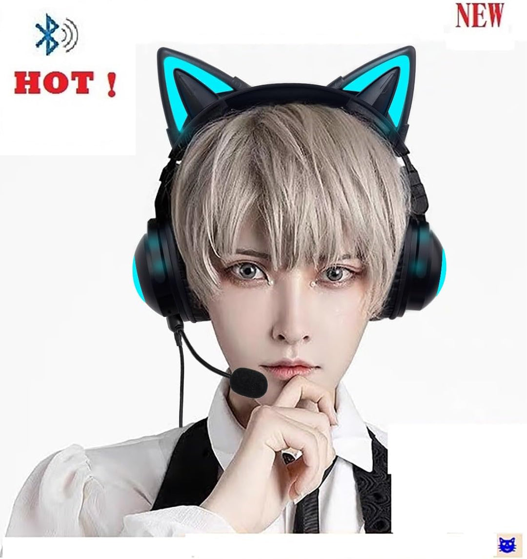 KUQIRMAOERJI Miko-J Kabellose Katzenohr-Kopfhörer (12 Farbwechsel) mit ansteckbaren HD-Mikrofon,Mikr