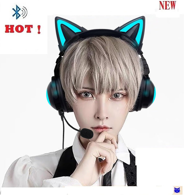 KUQIRMAOERJI Miko-J Kabellose Katzenohr-Kopfhörer (12 Farbwechsel) mit ansteckbaren HD-Mikrofon,Mikr