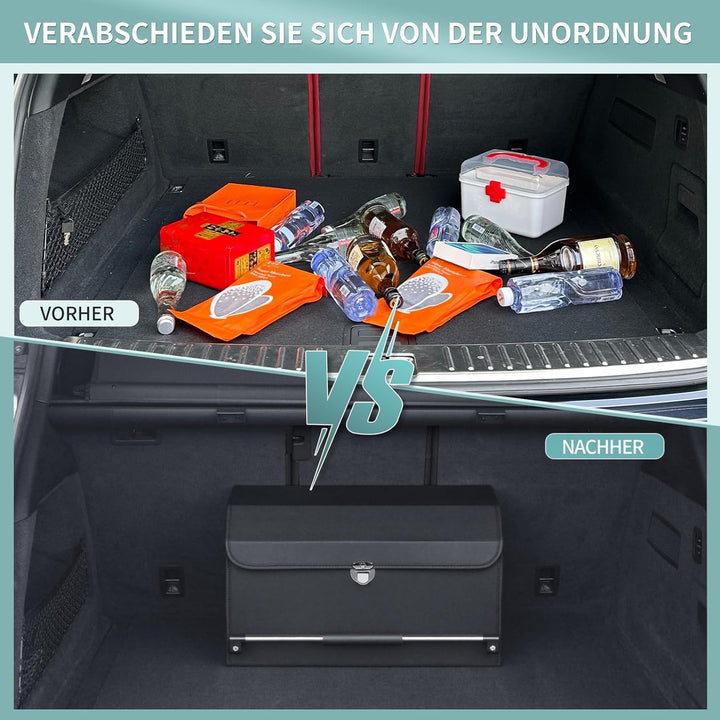 Premium Leder Auto Kofferraum Organizer mit Deckel & Stabilem Griff | 45L Multifunktionale Kofferrau