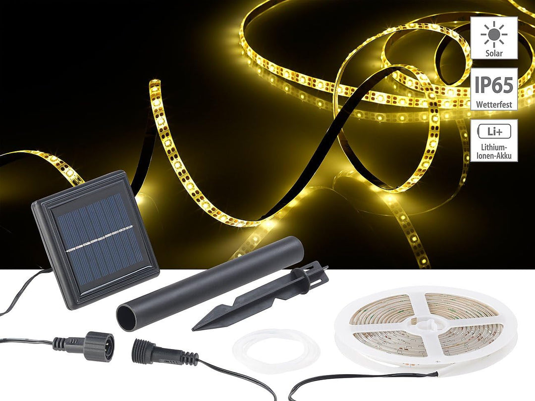 Lunartec Solar Band: Solar-LED-Streifen mit 180 warmweissen LEDs, 3 m, wetterfest IP65 (Lichtband Ou