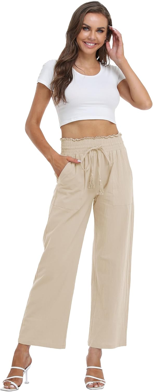 Famulily Leinenhose Damen Sommer Weites Bein High Waist Palazzo Freizeithose Stoffhose Yogahose Mit