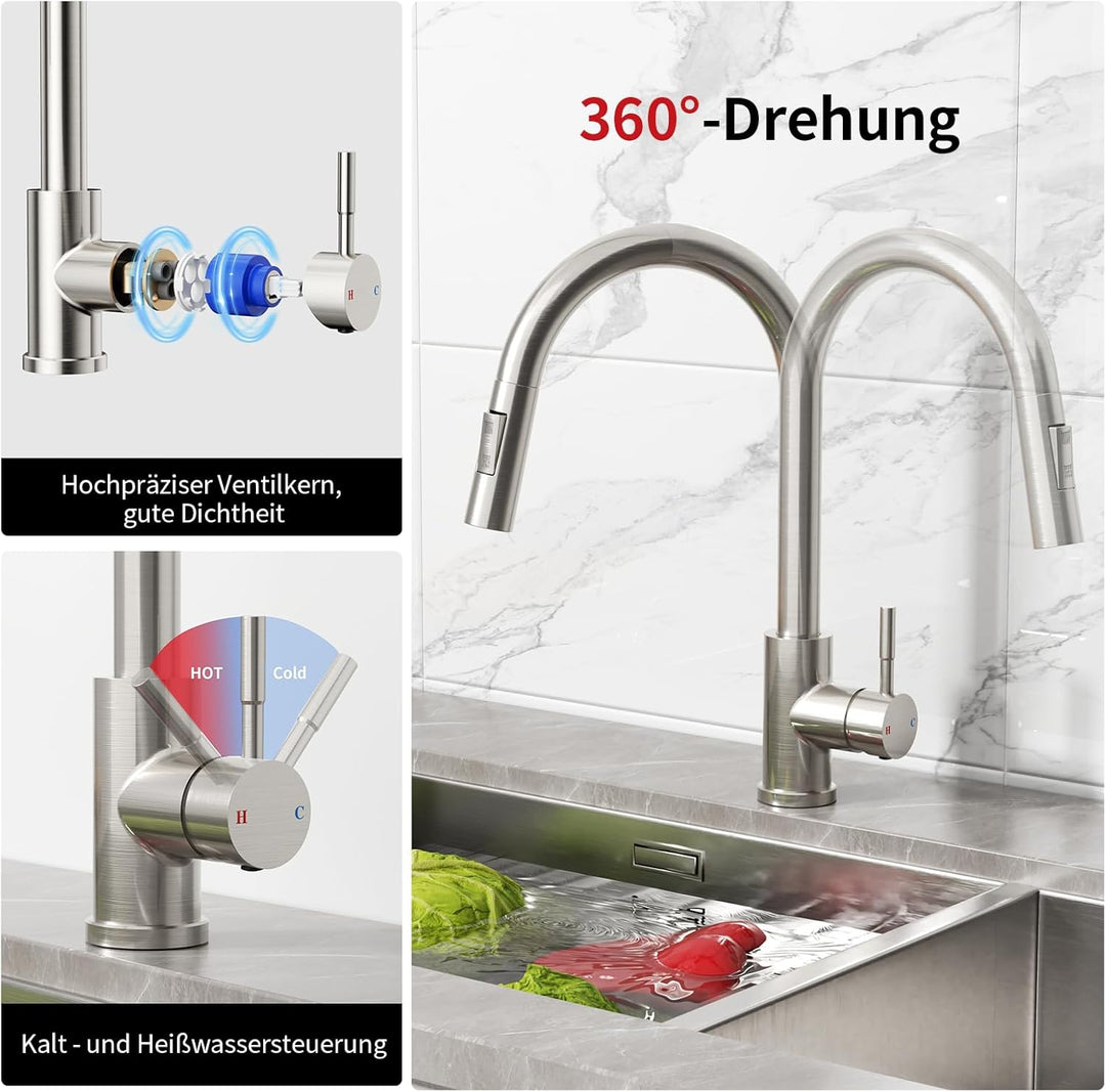 Rainsworth Wasserhahn Küche mit Brause Ausziehbar - Hochdruck Küchenarmatur mit Zwei Wasserstrahlart