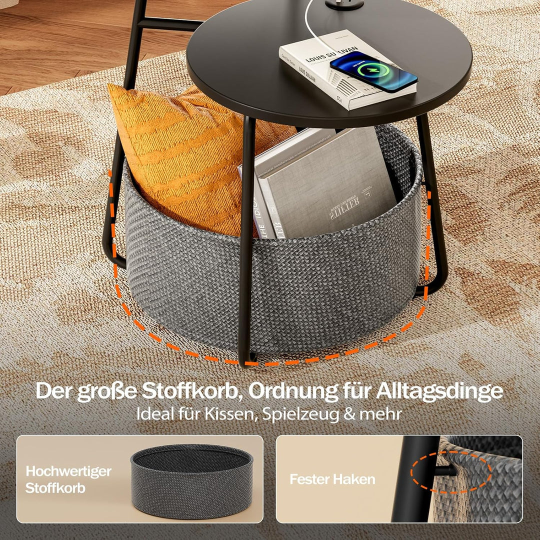 Rolanstar Beistelltisch Rund, Kleiner Tisch mit Ladestation, Runder Couchtisch mit grossem Stoffkorb