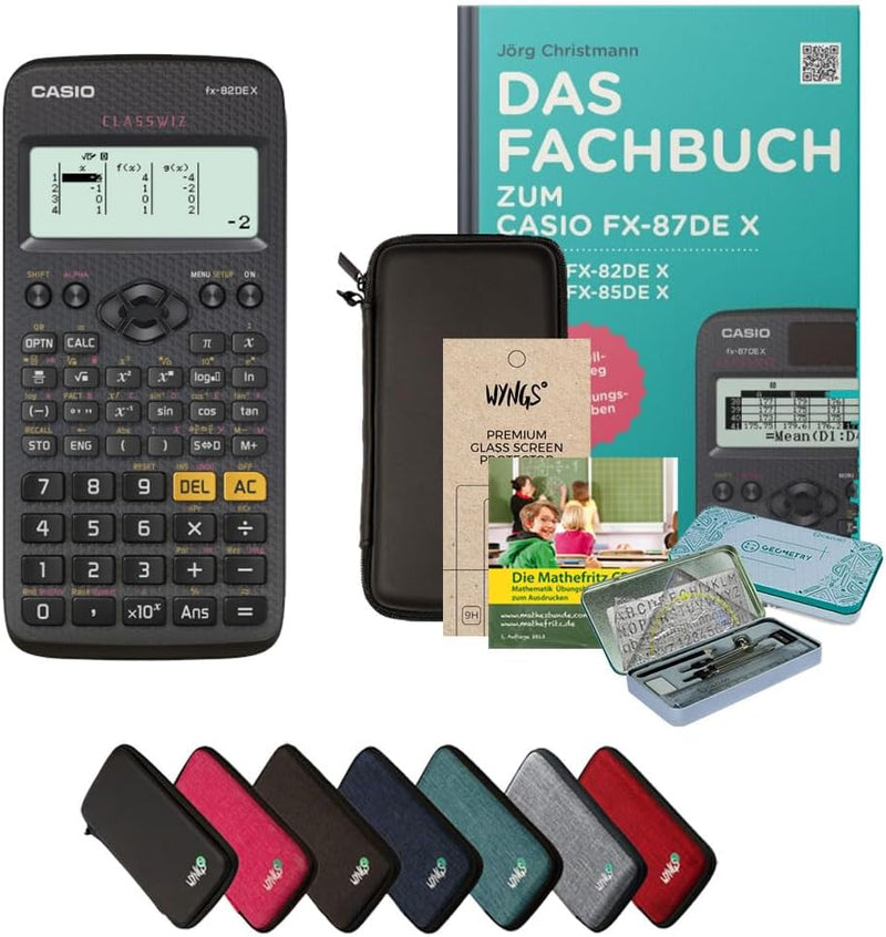 CALCUSO Streberpaket: Casio FX-82DE X + WYNGS Schutztasche schwarz + Fachbuch von CALCUSO + Displays