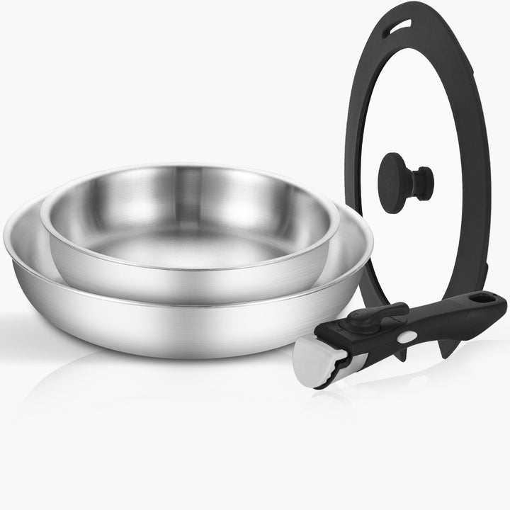 INQIBEE Pfannenset mit Abnehmbarem Griff, Edelstahl, 22+28 cm mit Deckel, Induktionsgeeignet, Stapel