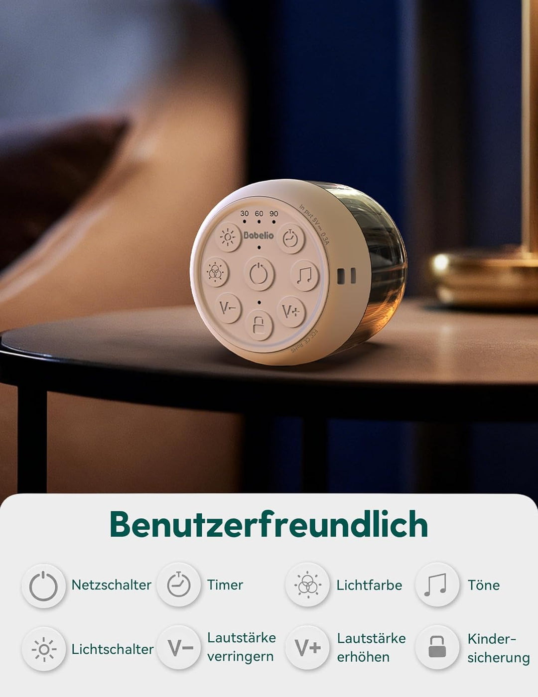 Babelio Pocket Glow White Noise Machine Baby, Verbesserte Nachtlichter mit 7 Farben, 20 nicht wieder