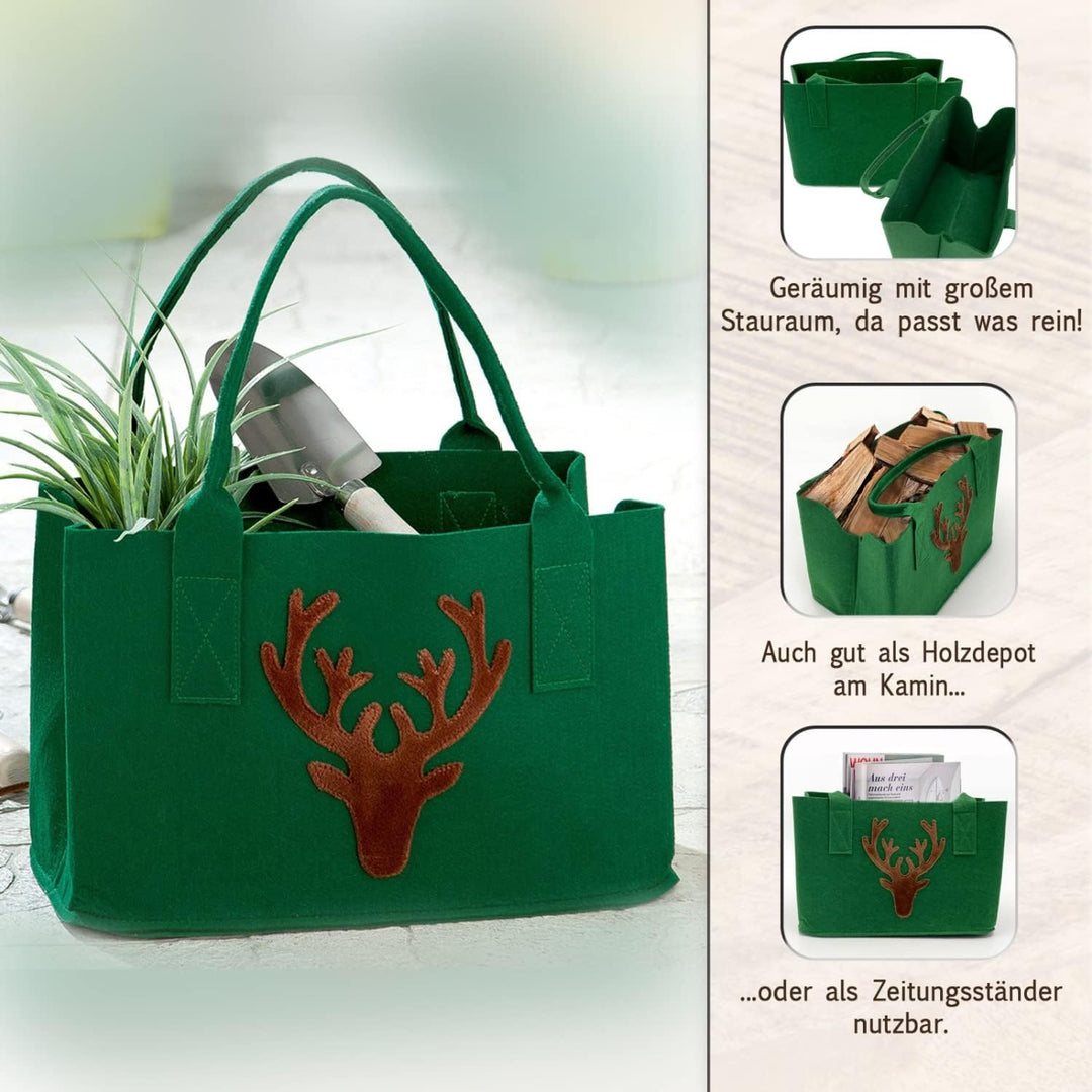 casamia Filztasche Shopper mit Schriftzug von Herzen grau o. Hirschkopf grün Farbe grün mit Hirschko