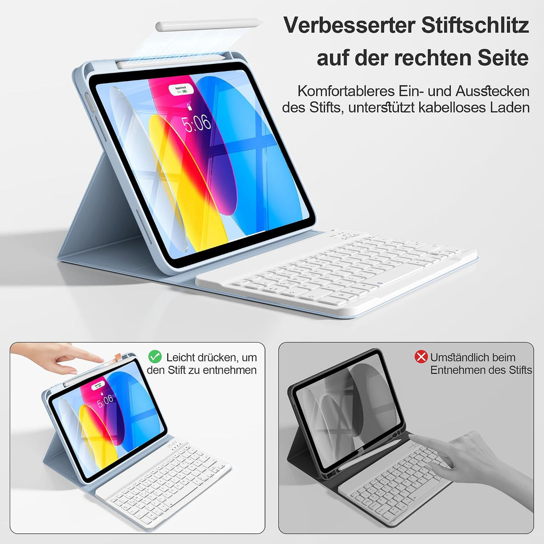 Tastatur Hülle für iPad A16 11. Gen/iPad 10. Gen, QWERTZ, Hellblau, Hellblau