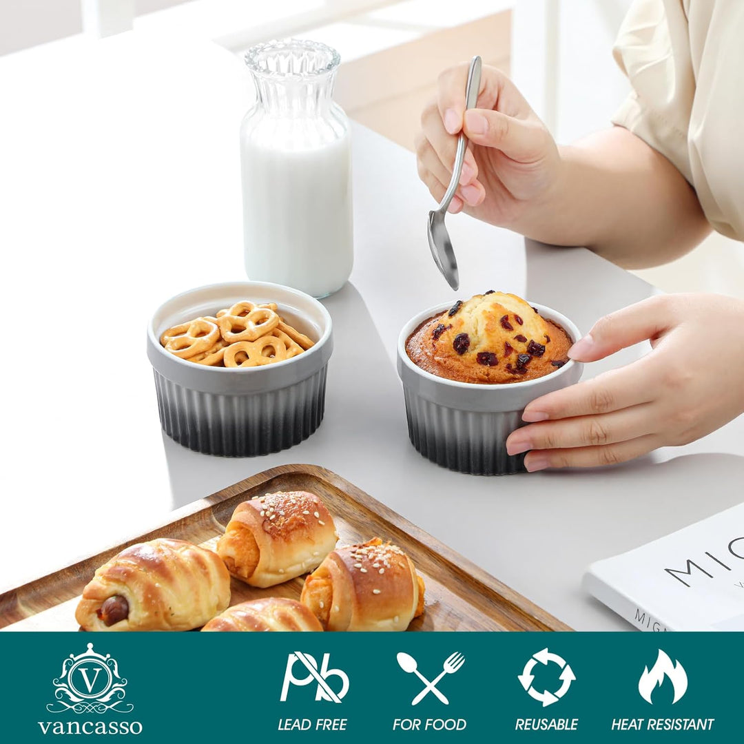vancasso RAMEKINS 200ml Soufflé Förmchen Set von 6, Ø9,5cm Creme Brulee Schälchen Backofen sicher, P