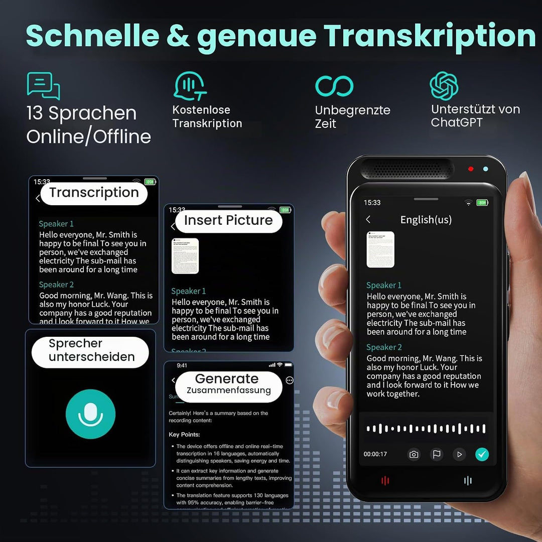 Note AI Digitales Diktiergerät mit Schreibfunktion Transkription,Zusammenfassung,Übersetzung Online