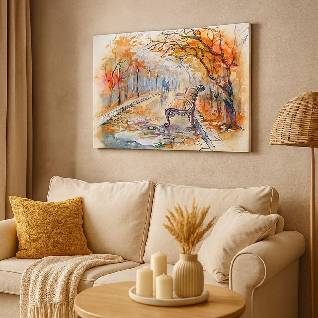 ARTTOR Bilder auf Leinwand 100x70cm Leinwandbild Path Bench Herbst Frau Gross Wanddeko Bild Schlafzi