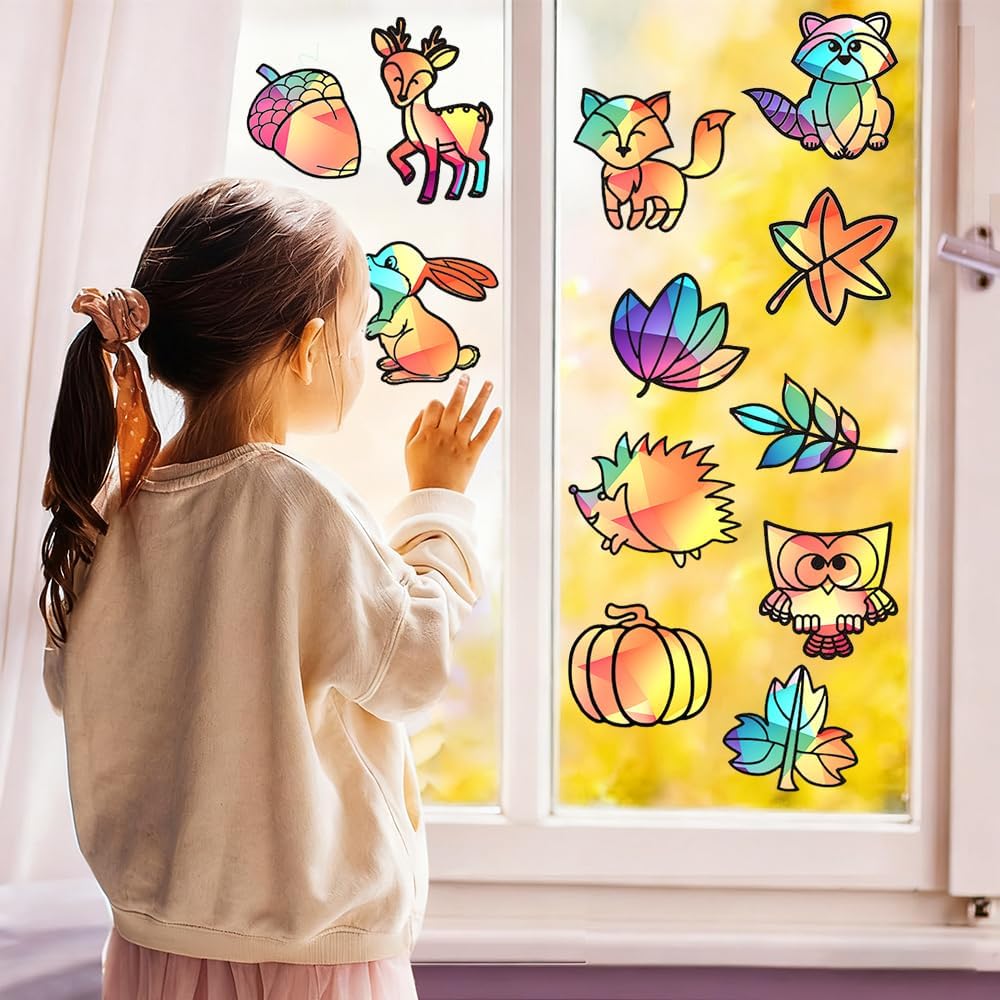 TUIBEIDAMAI 24 Stück Fensterbilder Herbst Basteln, Herbst Bastelset Kinder, Herbstdeko Fenster Baste
