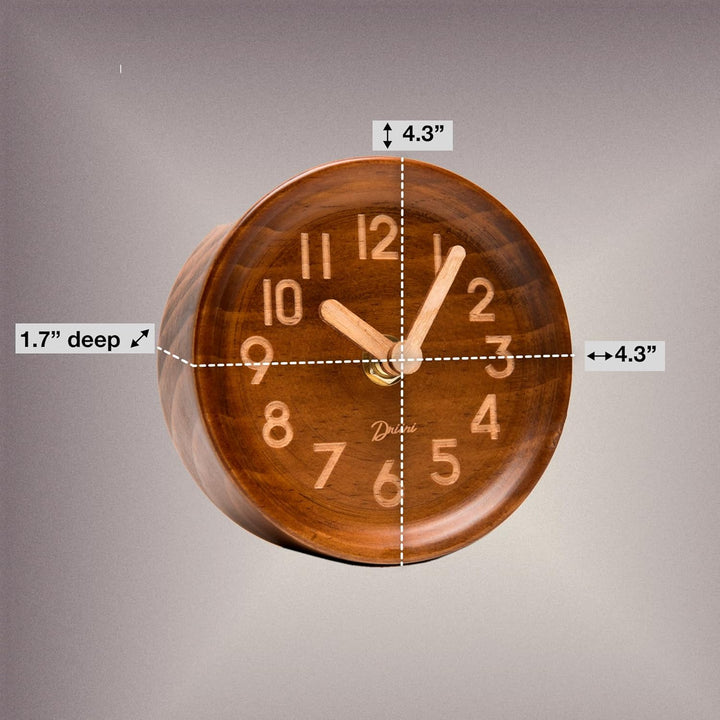 Driini Analoge Tischuhr aus Holz - 10,9 cm Dekorative Kiefernholz-Uhr, kein Tick-Design - leicht zu
