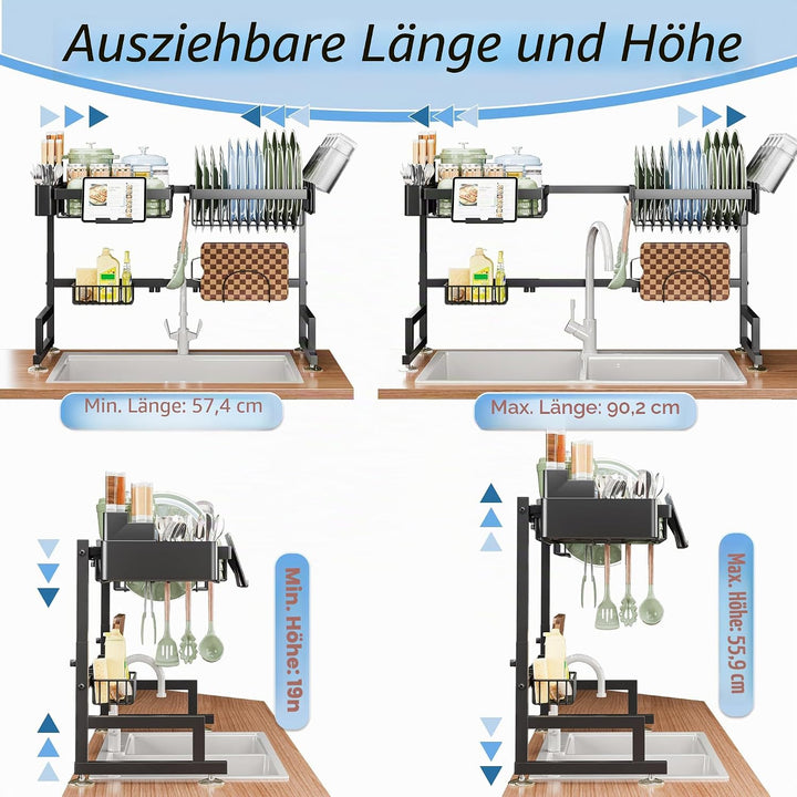 ADBIU Abtropfgestell für die Spüle, ausziehbare Höhe und Länge, Snap-On-Design, 2 Ebenen, grosses Ge