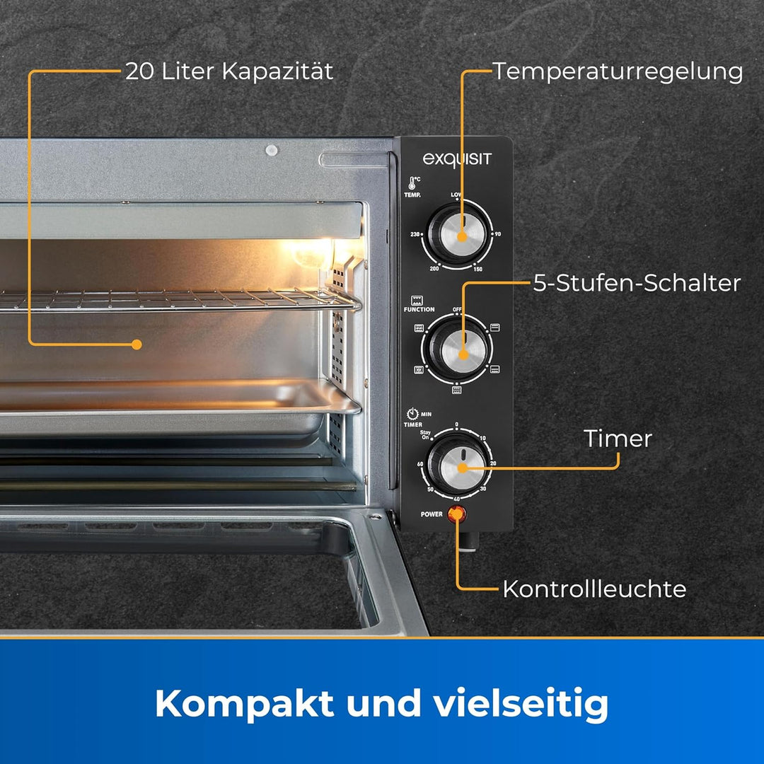 Exquisit Mini-Backofen MO 3302 sw | Umluft | Innenbeleuchtung | Stufenlose Einstellung | Backblech |