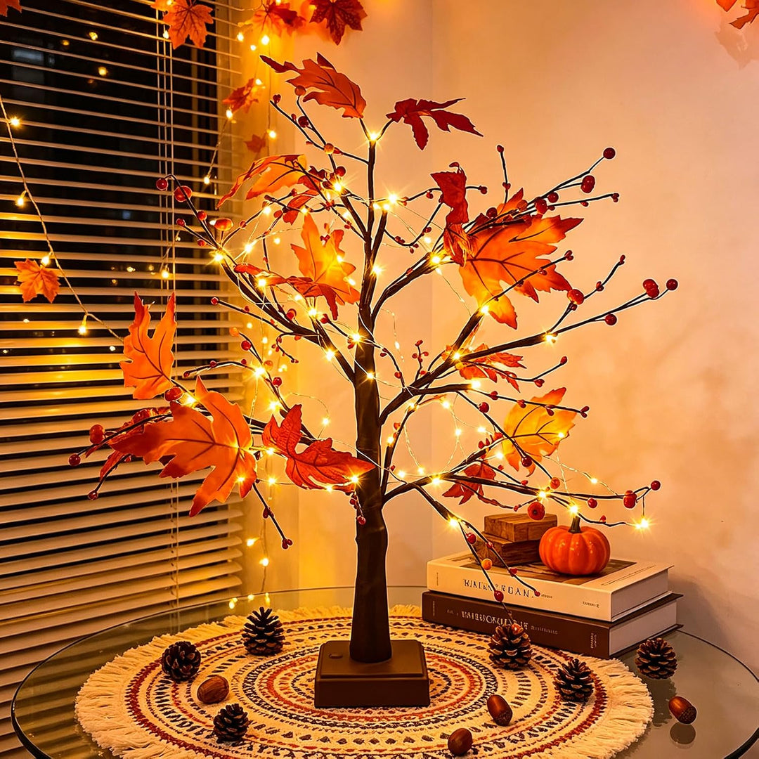 Herbstdeko Ahornblatt Baum Lichter, 61cm Herbst Dekoration Lichterbaum Für Innen mit Timer, Herbst D
