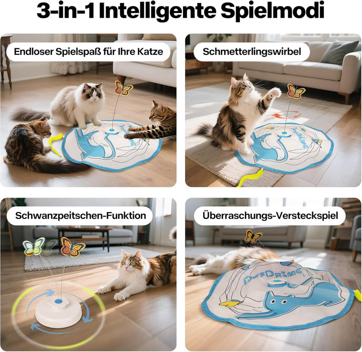 Pet Prime Interaktives Katzen Spielzeug mit Rotierendem Schmetterling & Federangel Automatisches Bew