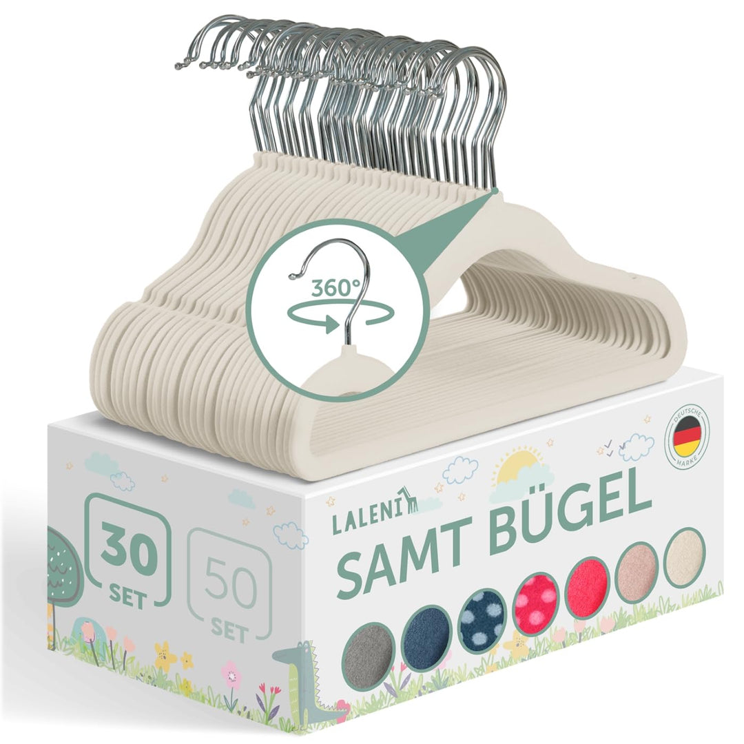 Laleni Kinderkleiderbügel 30 Stück mit Samtbezug - platzsparende Kleiderbügel Kinder - 360° drehbare