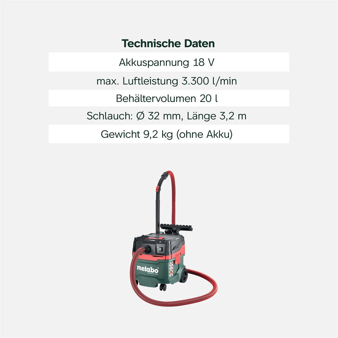 metabo Akku-Sauger AS 36-18 L 20 PC - 18 V, 20L Behälter - Staubklasse L, Nass- und Trockensauger, B