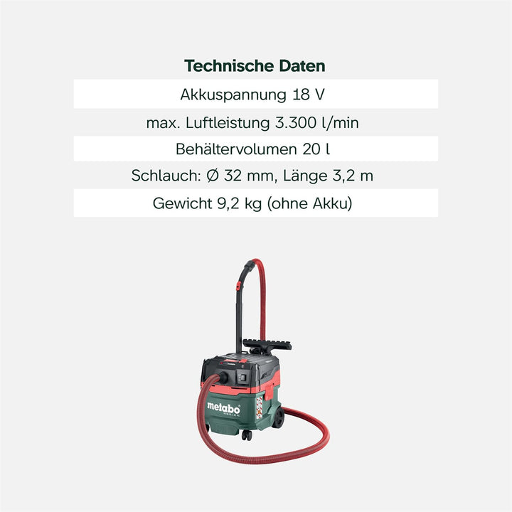 metabo Akku-Sauger AS 36-18 L 20 PC - 18 V, 20L Behälter - Staubklasse L, Nass- und Trockensauger, B