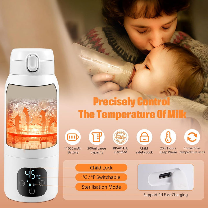 Flaschenwärmer Tragbarer 500ML Wireless, Autoflaschenwärmer mit Einstellbarer Temperatur von 37°C bi