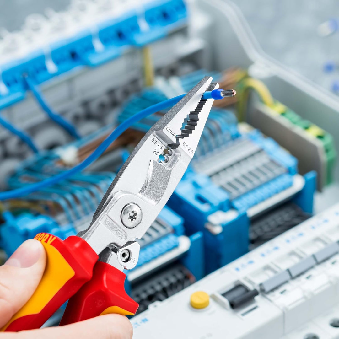 KNIPEX Elektro-Installationszange, VDE, Öffnungsfeder, Kabelschneiden, Abisolieren, Crimpen von Ader